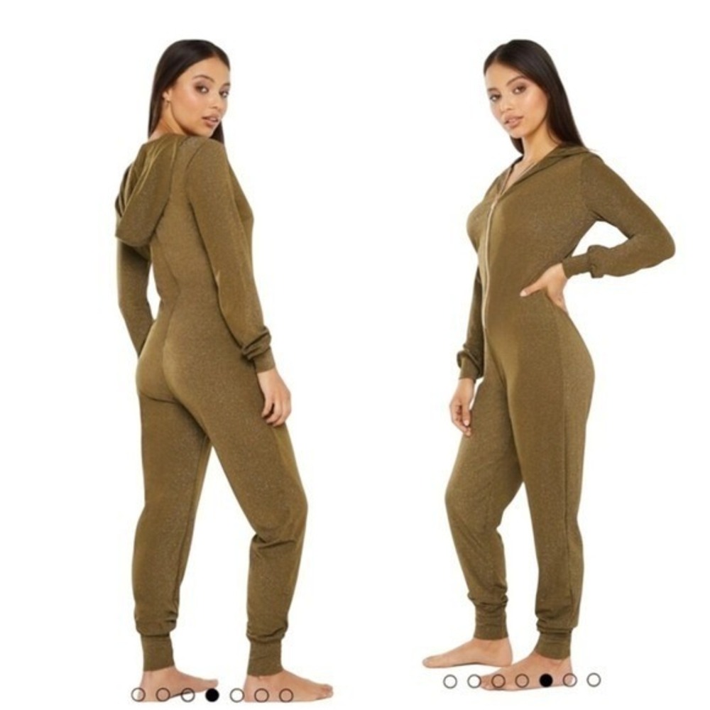 Savage X Fenty Womens Metallic Hooded Jumpsuit Olive Green Shimmer One Piece M